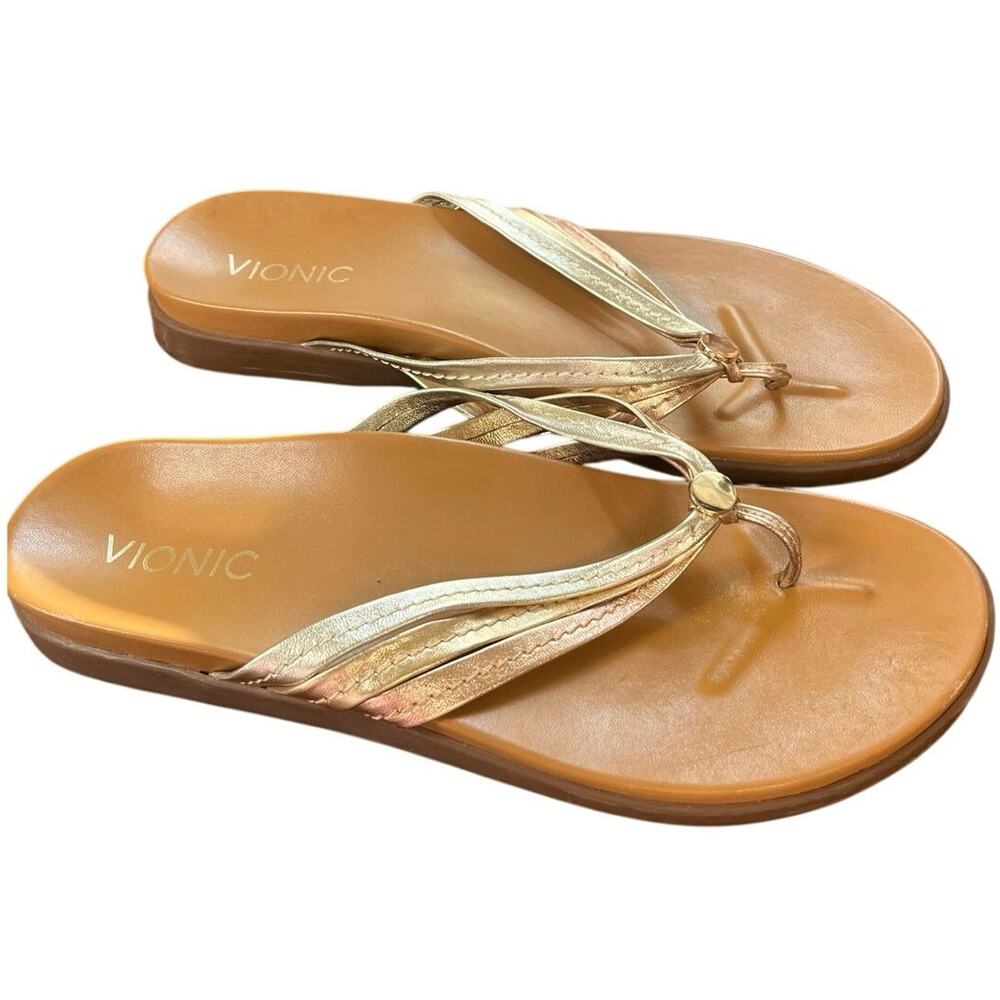 Vionic Gold Metallic Toe Post Thong Sandals Women's Size 10 EUC
